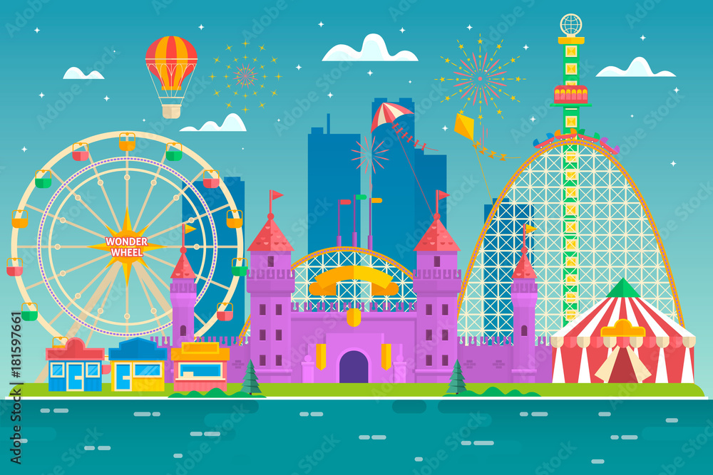 Amusement park with attraction and rollercoaster, tent with circus, carousel or round attraction, merry go round, ferris wheel Flat colorful vector style illustration