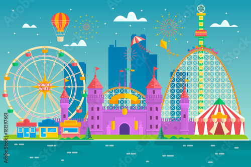 Amusement park with attraction and rollercoaster, tent with circus, carousel or round attraction, merry go round, ferris wheel Flat colorful vector style illustration