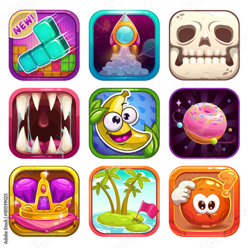 Funny cartoon app icons for game design.