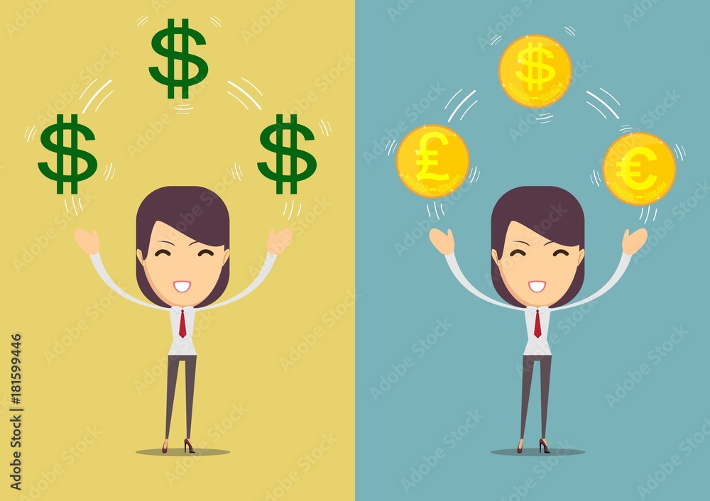 successful happy woman with money. set . Stock vector illustration for poster, greeting card, website, ad, business presentation, advertisement design.