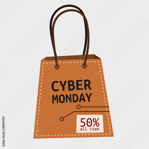 Editable Cyber Monday Shopping Bag Vector Illustration in Flat Retro Style with Stitch and Circuit Lines as Additional Element for Shop Advertising Purposes