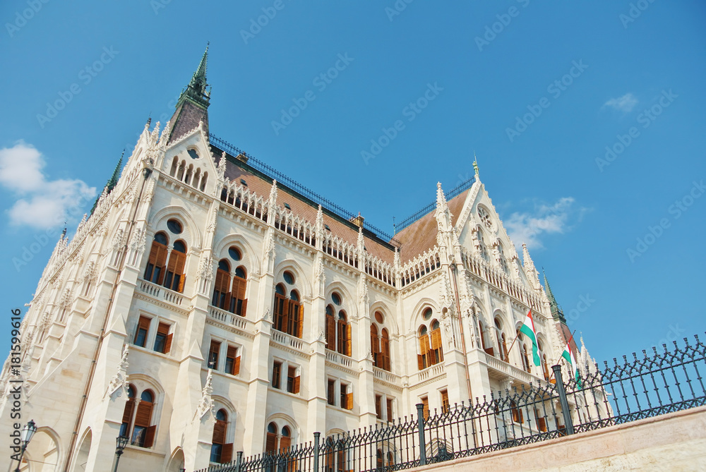 Close up view to Budapest parliament building and a beautiful blue sky at the background, Hungary.