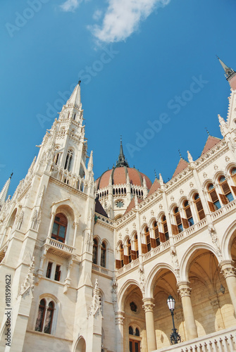 Close up view to Budapest parliament building and a beautiful blue sky at the background, Hungary. © Victoria