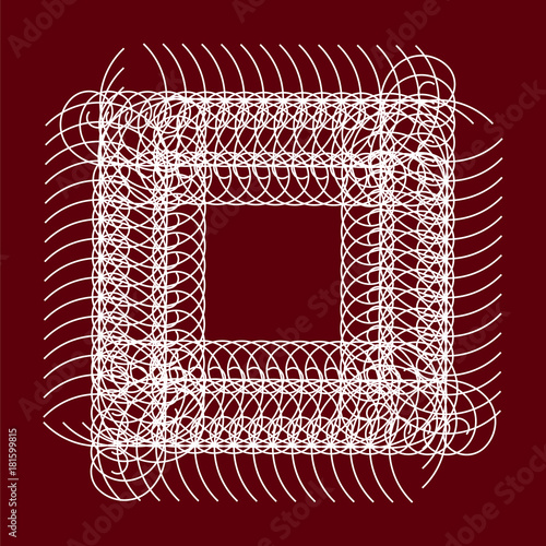 Frame with abstract ornament of curled lines. Effect of pleached wire. Bordo background, white shape. Square template. EPS10 illustration