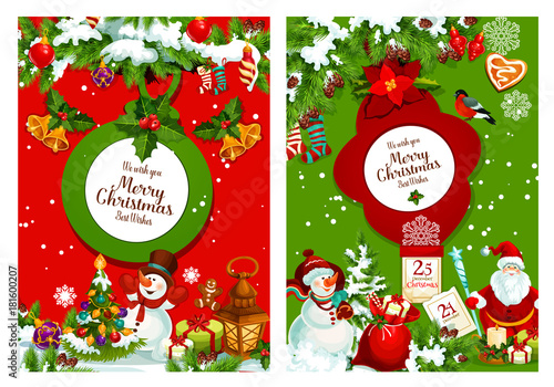 Christmas poster of xmas tree, Santa and snowman