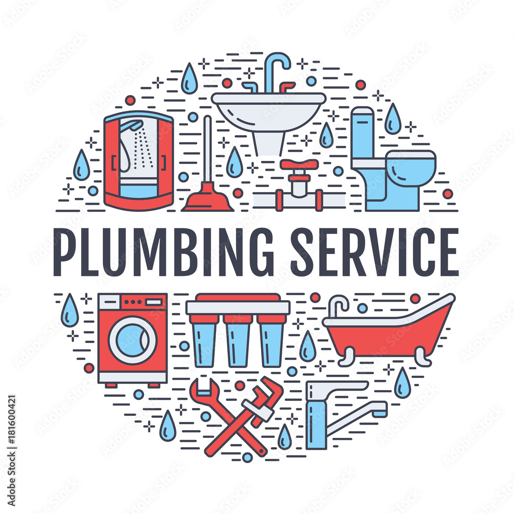 Plumbing service banner illustration. Vector line icons of house bathroom equipment, faucet, toilet, pipeline, washing machine, water filter. Plumber repair circle template with text.