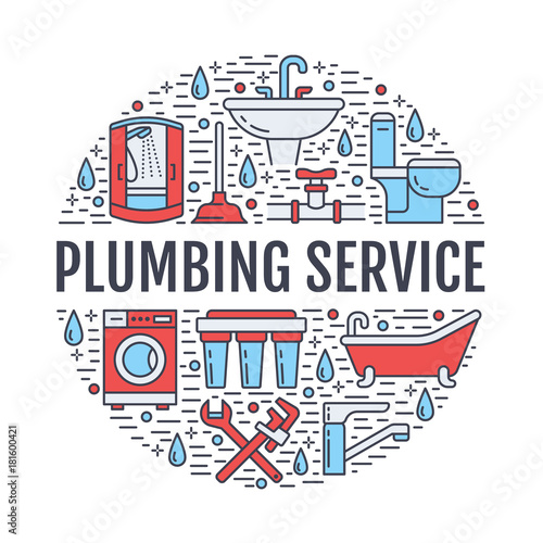 Plumbing service banner illustration. Vector line icons of house bathroom equipment, faucet, toilet, pipeline, washing machine, water filter. Plumber repair circle template with text.