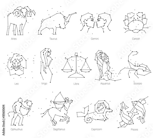 Horoscope, all Zodiac animals in constellation forms with line and stars. Collection of zodiac signs, thirteen of black elements, stars and constellations set. Zodiac animals constellation