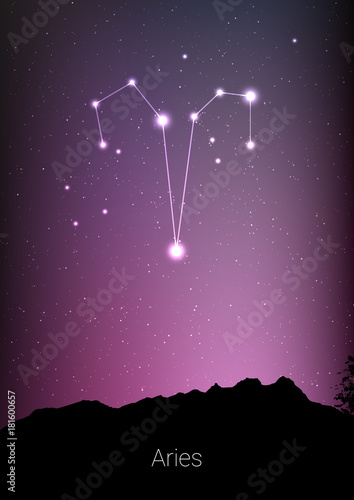 Aries zodiac constellations sign with forest landscape silhouette on beautiful starry sky with galaxy and space behind. Aries horoscope symbol constellation on deep cosmos background. Card design