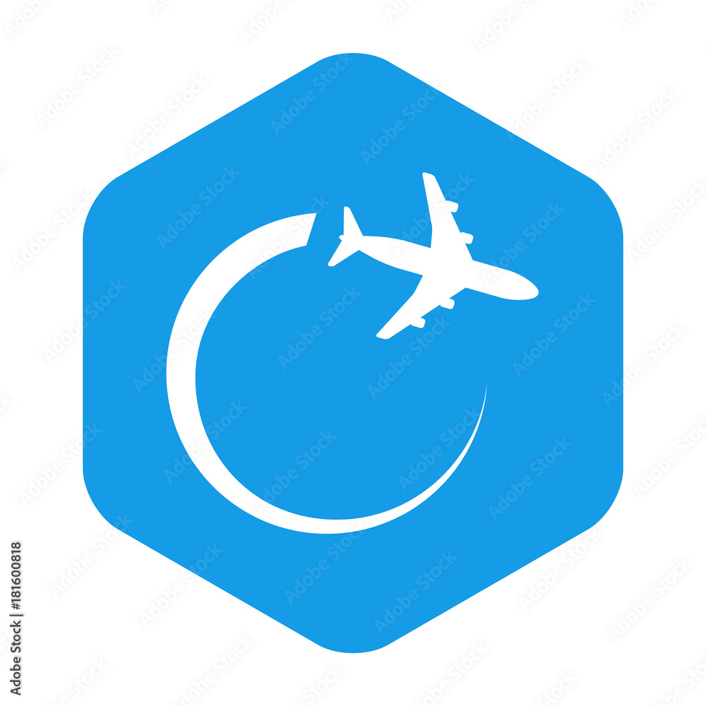 Icono plano avion girando en hexagono azul Icono plano avion girando en hexagono azul
