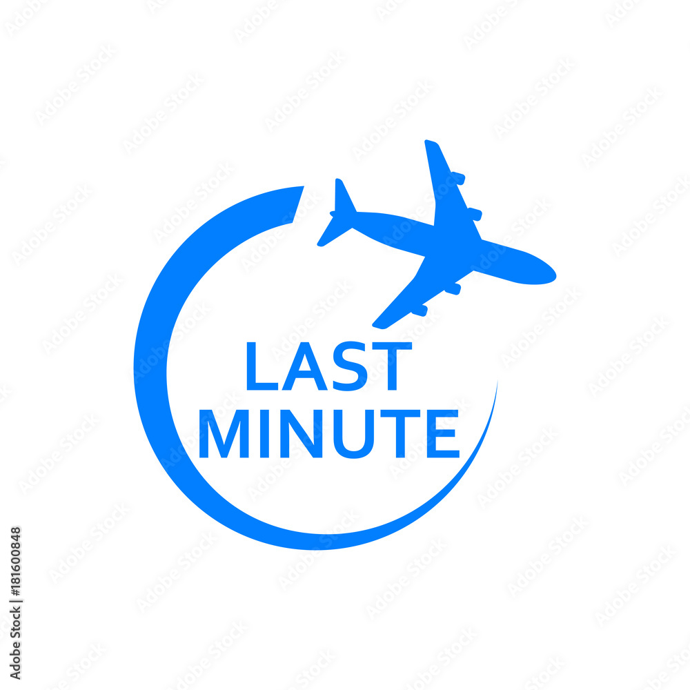 Icono plano LAST MINUTE avion girando azul en fondo blanco