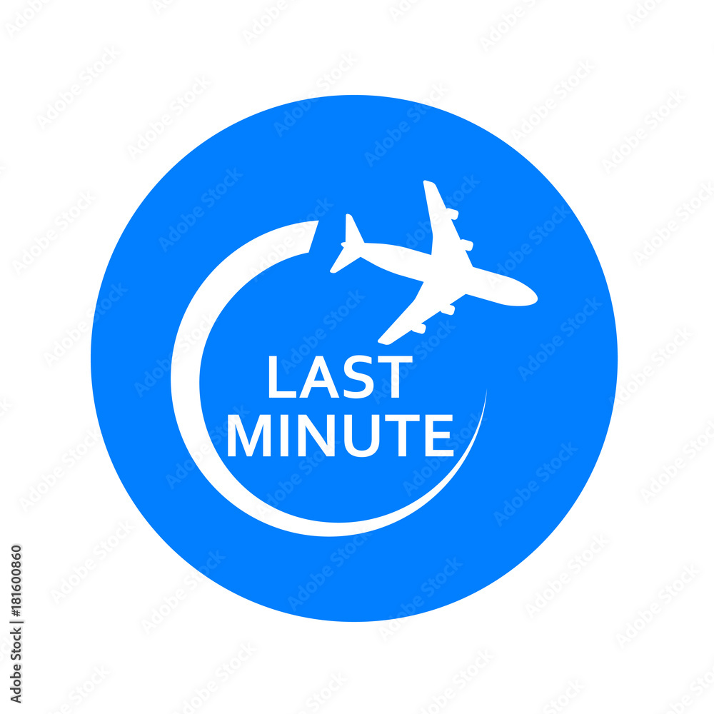 Icono plano LAST MINUTE avion girando en circulo azul Icono plano LAST MINUTE avion girando en circulo azul
