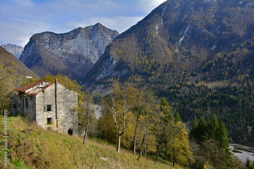 The autumn landscape around the small hill village of Erto in Friuli Venezia Giulia, north east Italy.
