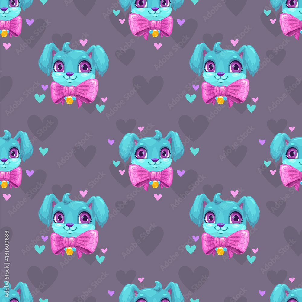 Fototapeta premium Seamless pattern with cute blue young dog faces.