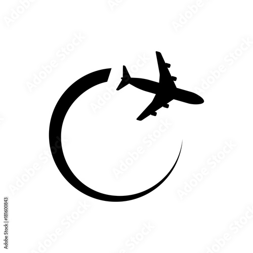 Icono plano avion girando negro en fondo blanco