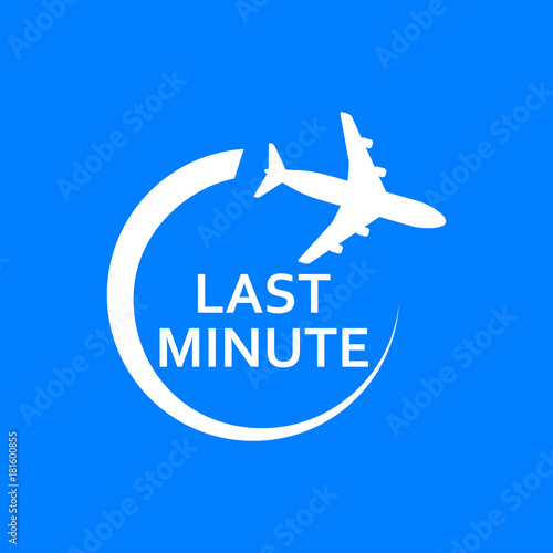 Icono plano LAST MINUTE avion girando blanco en fondo azul