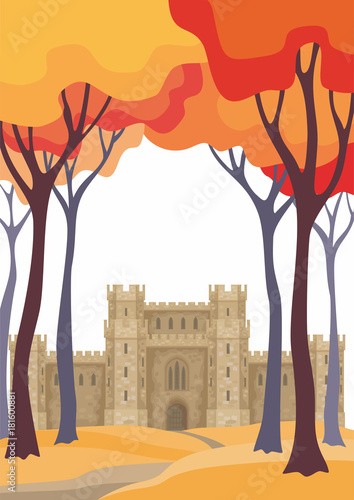 Abstract image of a medieval English castle. Beautiful autumn landscape. Vector background.