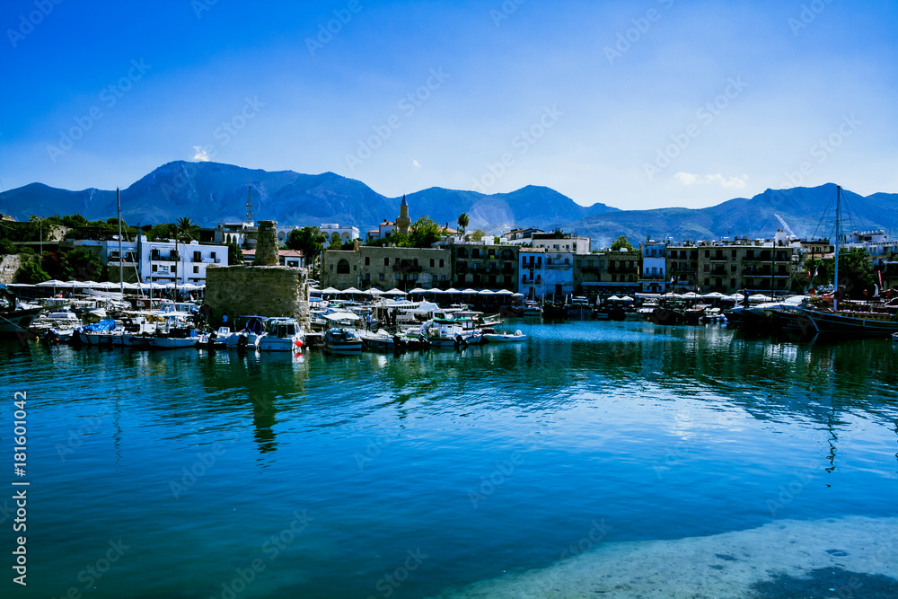 Landscape of the ancient harbor of Kyrenia (Girne), Northern Cyprus, Turkey