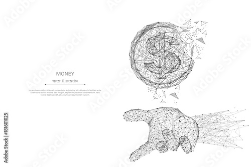 Abstract mash line and point dollar in the hand palm on white background with an inscription. Starry sky or space, consisting of stars and the universe. Vector money illustration