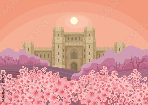 Abstract image of a medieval English castle. Beautiful spring landscape. Vector background.