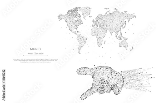 Abstract mash line and point Worl map in the hand palm on white background with an inscription. Starry sky or space, consisting of stars and the universe. Vector illustration