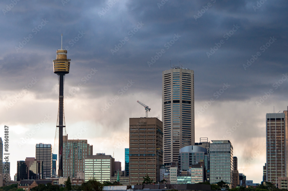 Sydney CBD cityscape with dramatic sky on the background