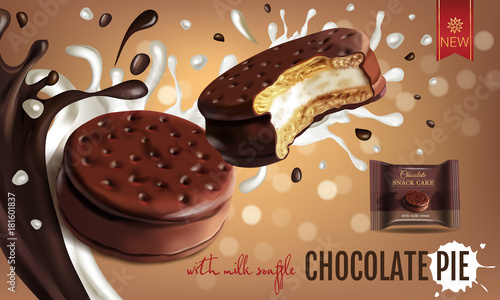 Vector realistic illustration of chocolate pie with milk souffle.