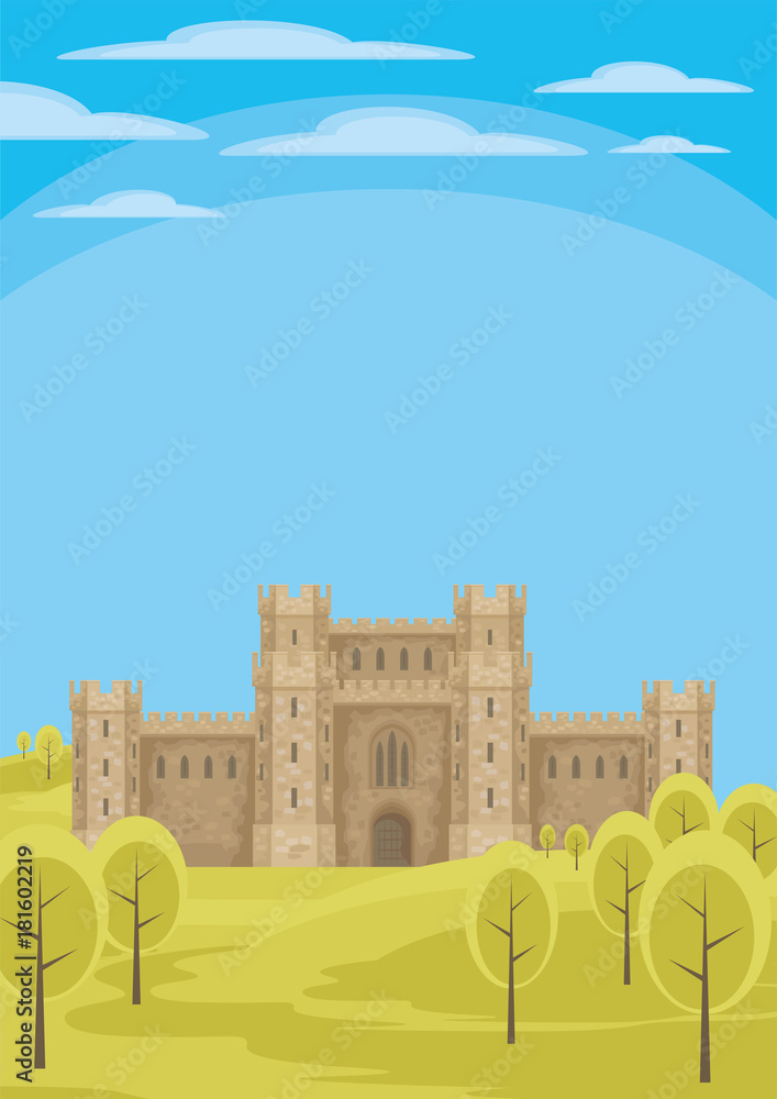 Abstract image of a medieval English castle. Beautiful summer landscape. Vector background.