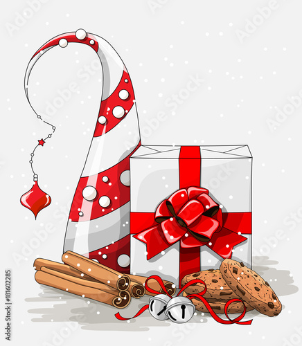 Christmas still-life, white gift box with big red ribbon, cookies, cinnamon and jingle bells and abstract chritmas tree, illustration