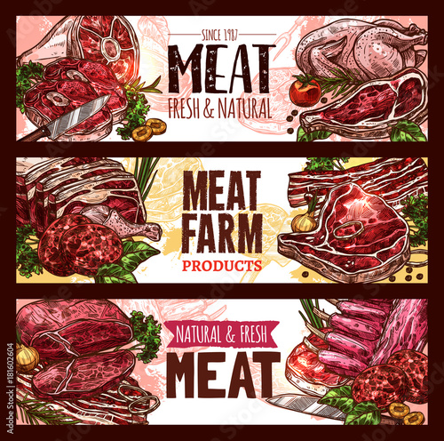 Meat, fresh cut of beef and pork sketch banner set