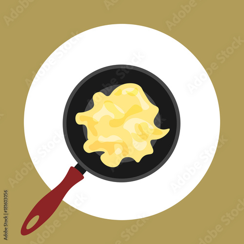Flat vector iilustration with scrambled eggs in a pan.