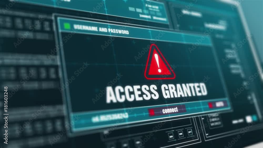 Computer Screen Entering Login And Password With Showing access granted Alert System Security Warning .