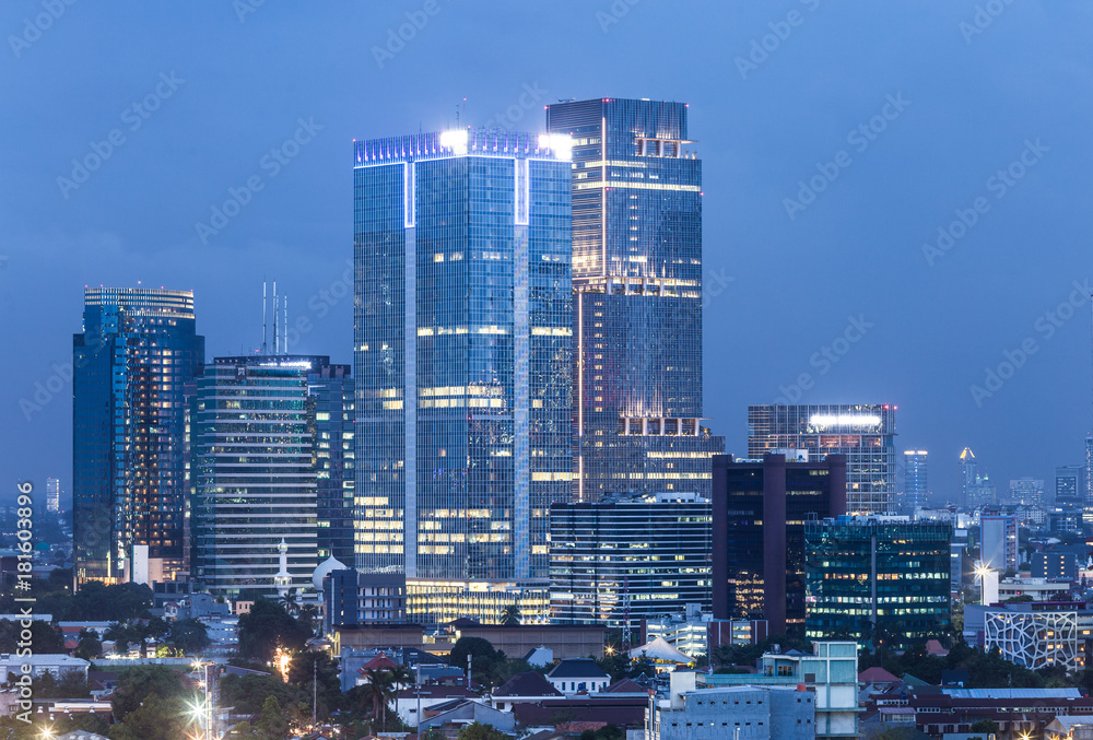 Aerial view of Jakarta business district at night in Indonesia.