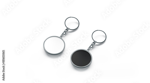 Blank metal round black and white key chain mock up side view, 3d rendering. Clear silver circular keychain design mockup isolated. Empty plain keyring souvenir holder template. Steel trinket label