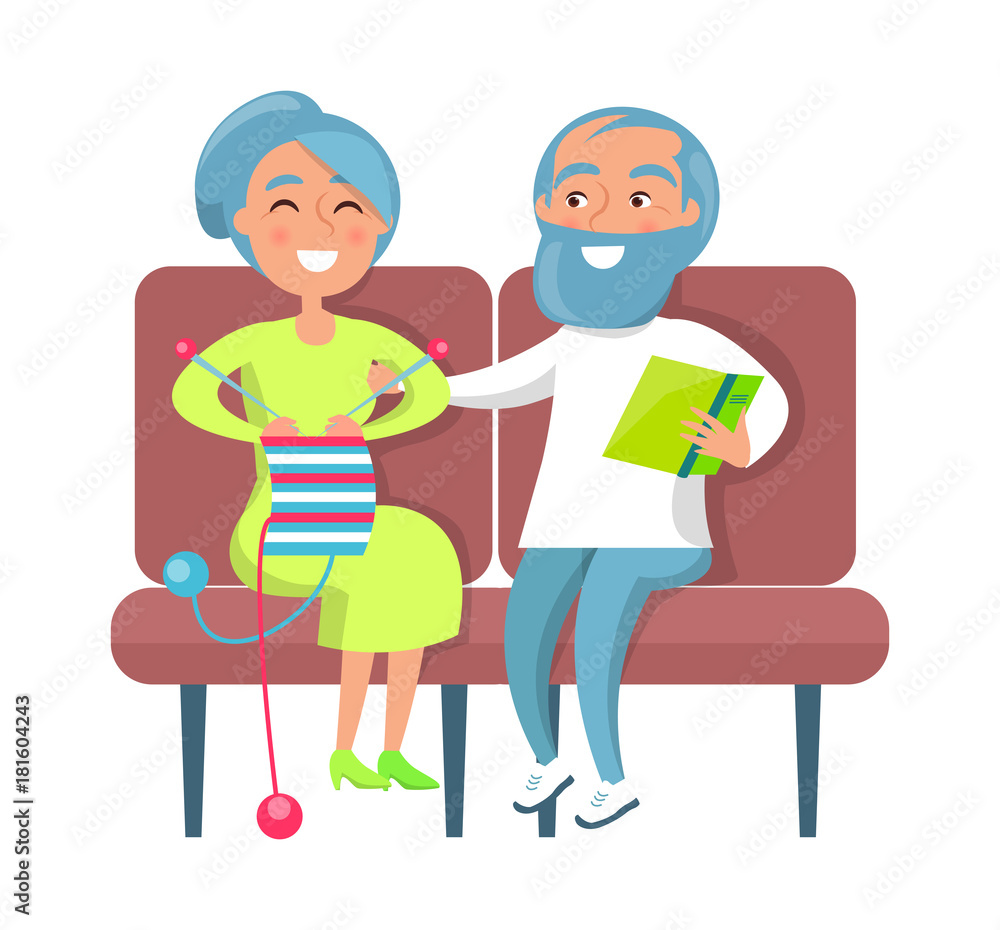 Senior Lady Knitting and Gentleman Reading on Sofa Senior Lady Knitting and Gentleman Reading on Sofa