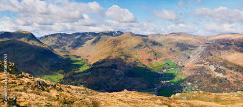 Views of Helvellyn, Striding & Swirral Edge and surrounding mountains above Glenridding in the Lake District, UK.