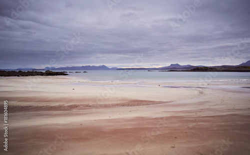 Sandy beach at Mellon Udrigle looking out over Gruinard Bay and the mountains around Ullapool. North West Highlands of Scotland.