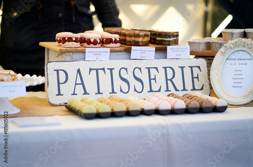 A patisserie stall selling cakes and biscuits