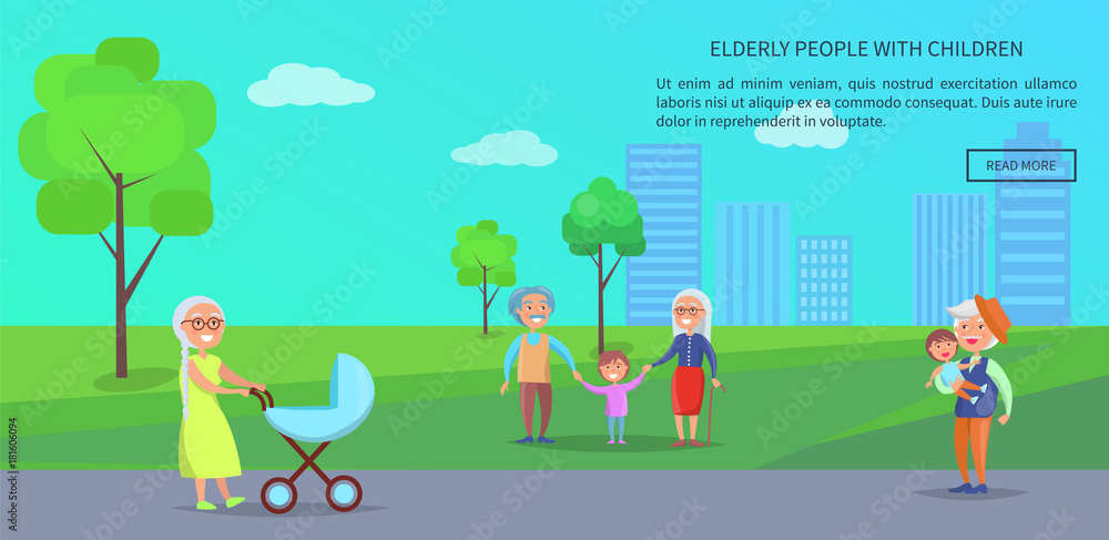 Old People in Park Vector Banner of Mature Couples