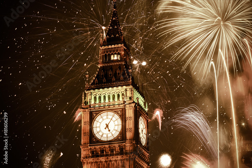 Photography New Year in the city - Big Ben with fireworks
