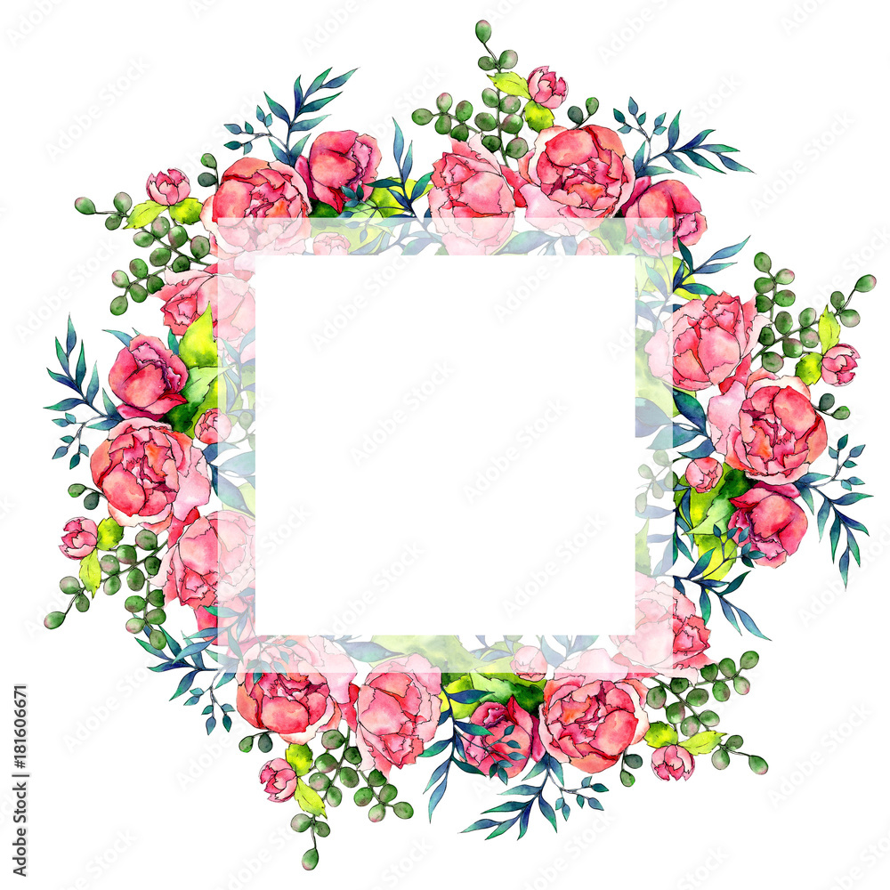 Wildflower bouquet wreath in a watercolor style. Full name of the plant: peony. Aquarelle wild flower for background, texture, wrapper pattern, frame or border.