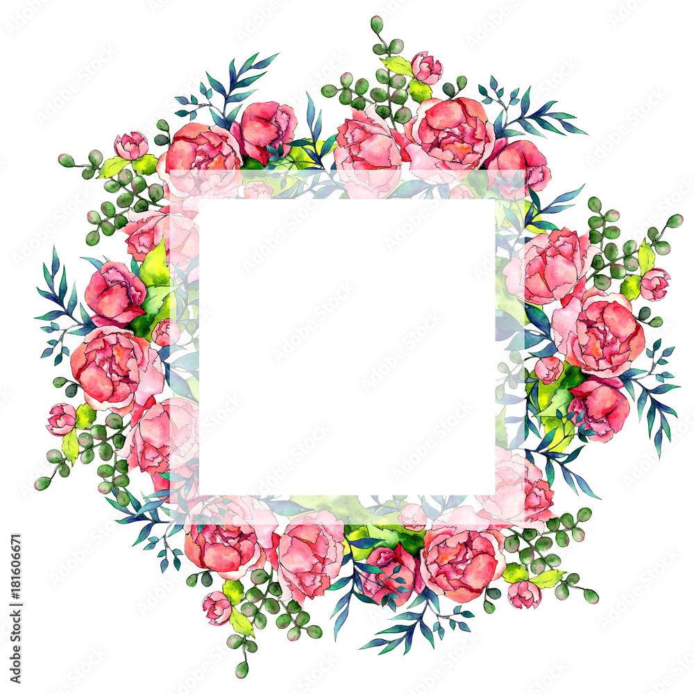 Wildflower bouquet wreath in a watercolor style. Full name of the plant: peony. Aquarelle wild flower for background, texture, wrapper pattern, frame or border. Wildflower bouquet wreath in a watercolor style. Full name of the plant: peony. Aquarelle wild flower for background, texture, wrapper pattern, frame or border.