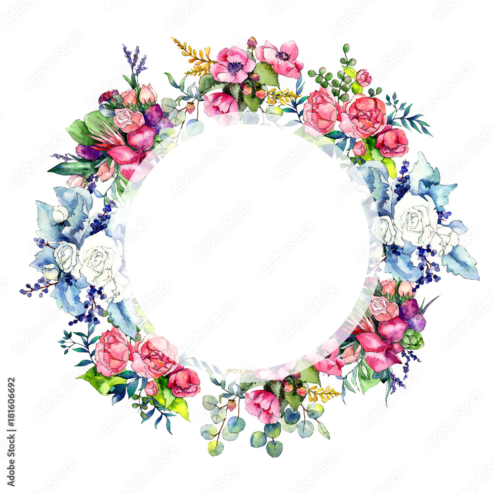 Wildflower bouquet wreath in a watercolor style. Full name of the plant: peony. Aquarelle wild flower for background, texture, wrapper pattern, frame or border.