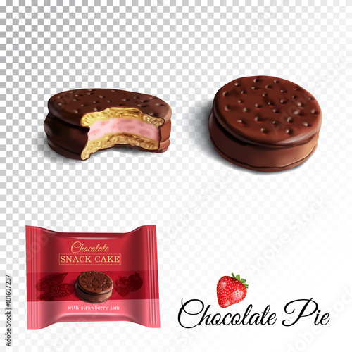 Vector realistic illustration of chocolate pie with milk and strawberry souffle.