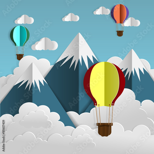 balloon paper floating in the sky and mountains.