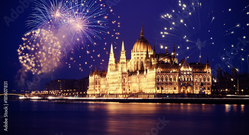 new Year in the city - Budapest Parliament with fireworks