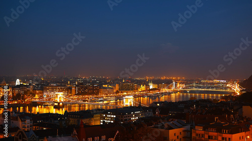 Night Budapest with the Danube and Chain Bridge, Hungary. Aerial view of Budapest. Hungary. © merlin74
