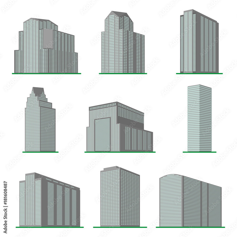Set of nine  modern high-rise building on a white background. View of the building from the bottom. Isometric vector illustration.
