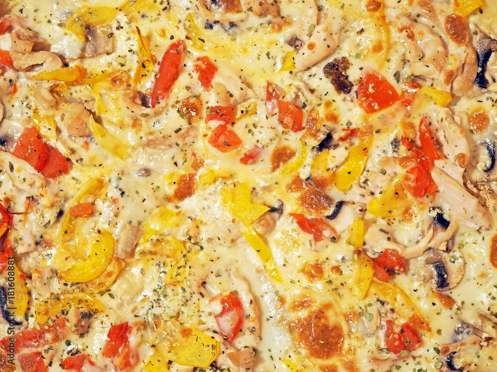 Pizza Provence background. Pizza with pepper, tomatoes, cheese, mushrooms, chicken and spices Pizza Provence background. Pizza with pepper, tomatoes, cheese, mushrooms, chicken and spices
