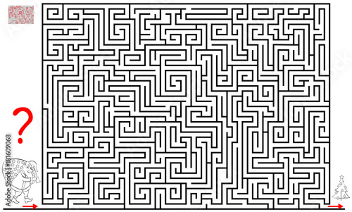 Logic puzzle game with labyrinth for children and adults. Help the Santa Claus find the way till the Christmas tree. Vector image.